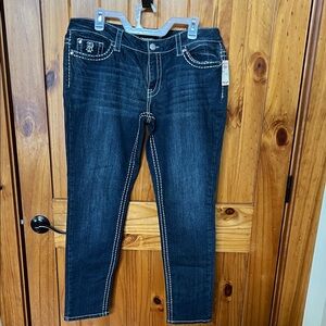 Paisley Sky Dark Blue Skinny Jeans with White Contrast Stitching